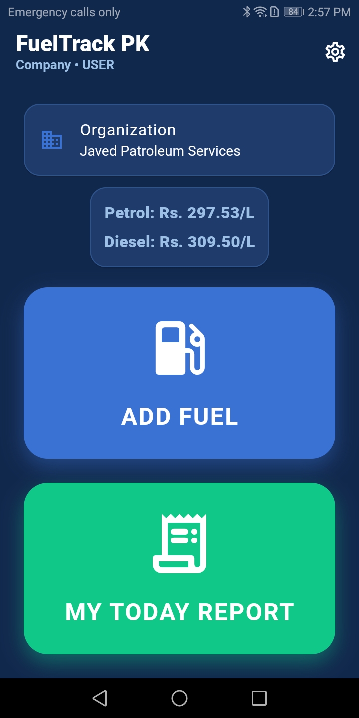 FuelTrack PK employee screen with Add Fuel and My Today Report actions