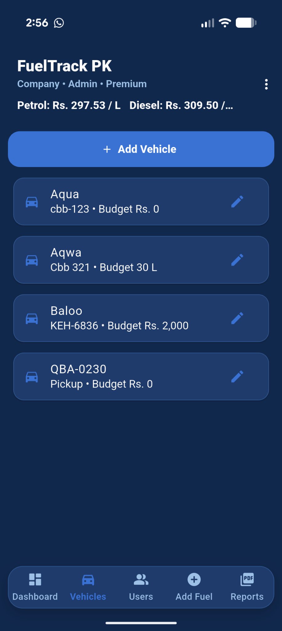 FuelTrack PK vehicle-management screen showing company vehicles and budgets